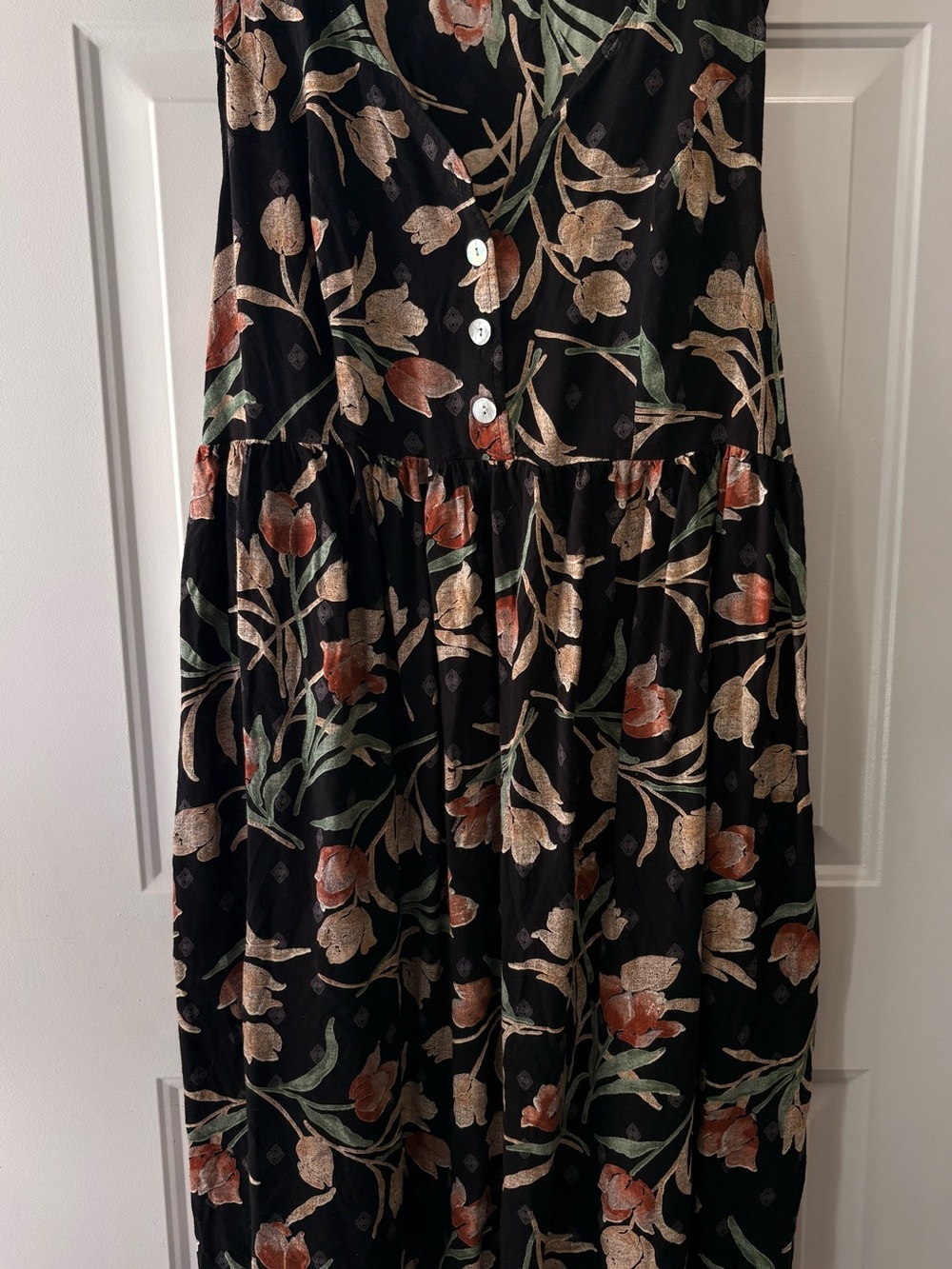 Vintage Black Maxi Dress with Rust and Cream Floral Print